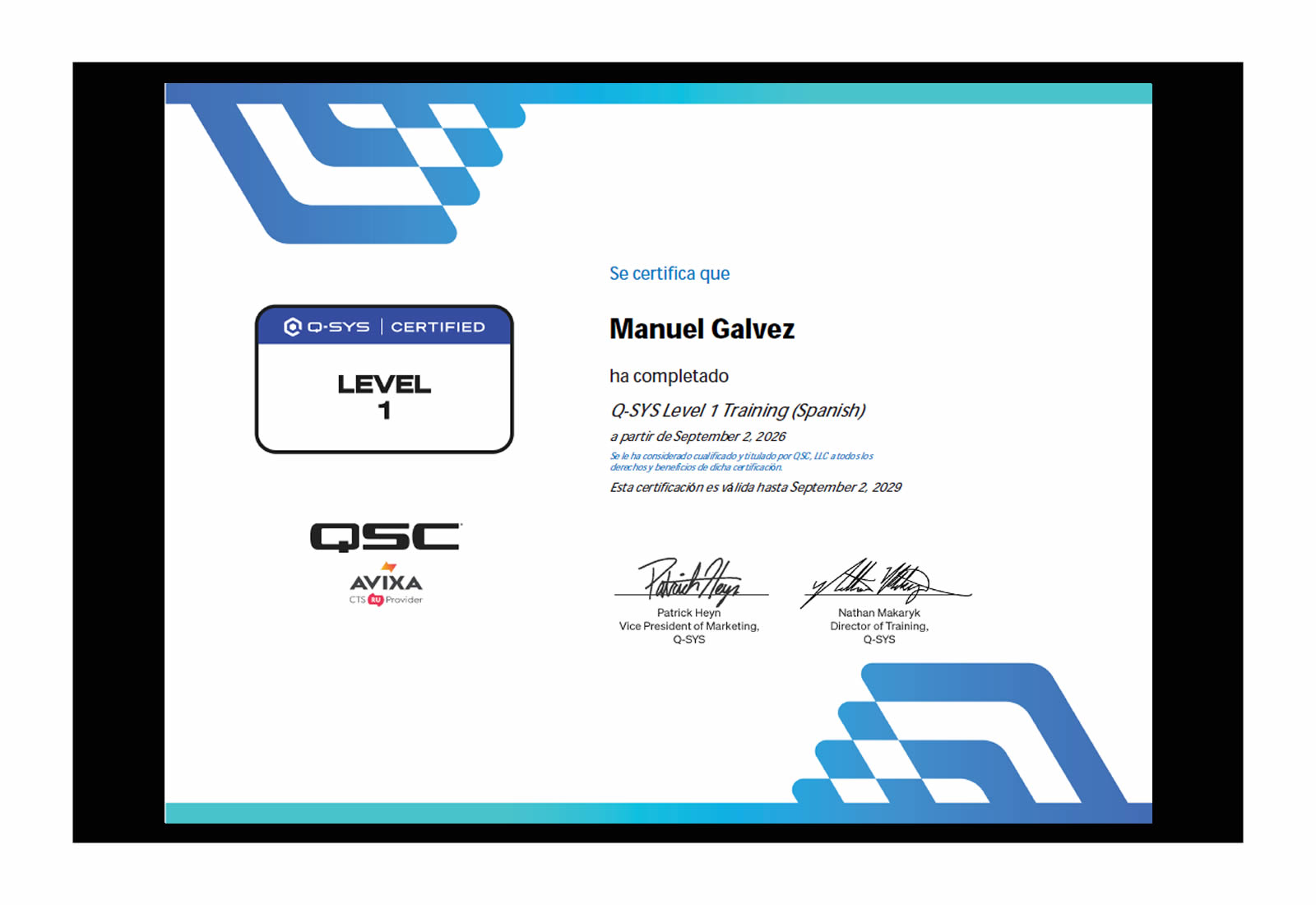 Q-SYS Level One Certificate